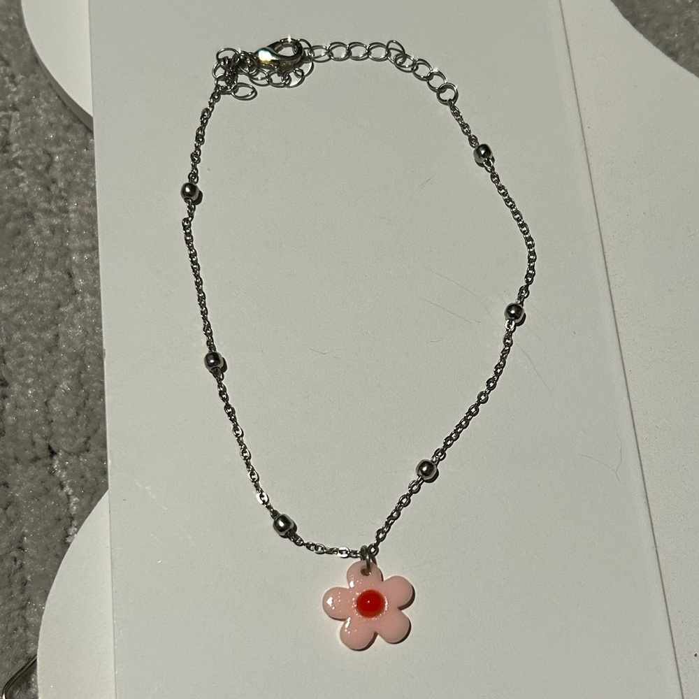 Pink Flower Silver Anklet 🌸